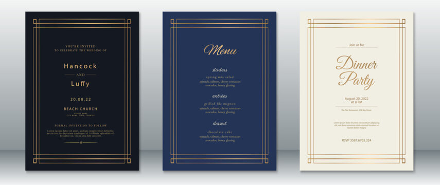 Luxury wedding invitation and dinner menu card set with golden frame. Includes elegant black, navy, and cream backgrounds. Perfect for classic and formal events.