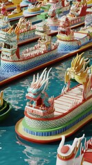 Dragon Boat Festival race boats floating on water surface aerial view traditional culture celebration