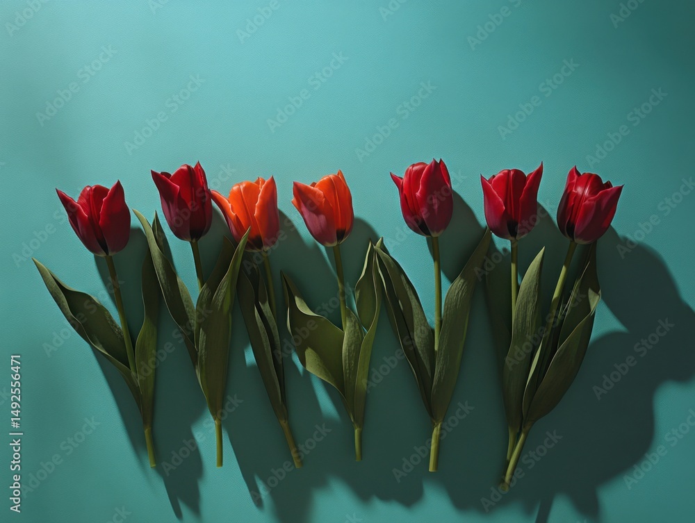 Poster seven tulips in a row on teal background studio shot flat lay composition with shadows and vibrant c