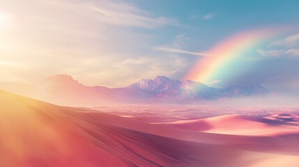 Colorful scenic terrain under a rainbow arc across the sky