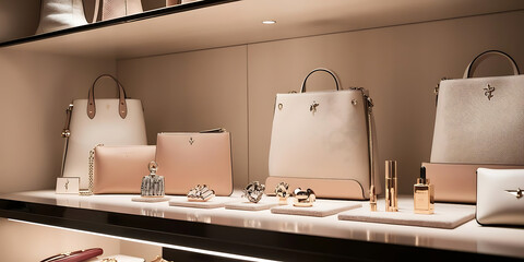 Elegant Display of Luxury Handbags and Accessories in Beige Tones

