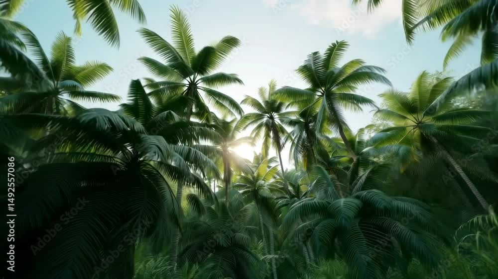 Poster lush tropical jungle with towering palm trees viewed from a low angle, creating an immersive, vibran