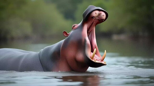 single Hippo Opening Mouth in River. Suitable for marketing or business purposes