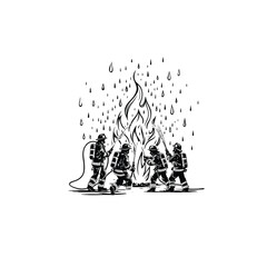 Four Firefighters in Protective Gear Battling Intense Flames with Hoses, Emergency Rescue Scene Showcasing Courage and Teamwork, Vector Art