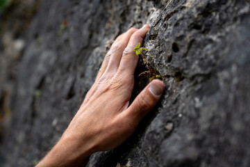 Close-Up Of Healthy Finger Grip In Rock Climbing: Climber’s Hand Maintaining Safe Hanging Position On Textured Limestone Surface During Outdoor Ascent In Bavaria, Germany