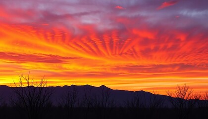 Fototapeta premium Majestic sunset paints vibrant hues across a dramatic mountain range silhouetted against a fiery sky, barren trees in the foreground, serene, stunning