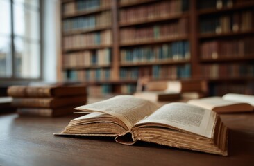 Open antique book in library setting