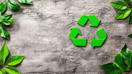 Concrete Texture Recycling Symbol Design, 3D Green Leaf Accents on Stone Background, Sustainable Surface Graphic, Industrial Symbiosis Concept, Eco-Conscious Geometric Art