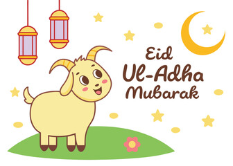 Naklejka premium Cute cartoon goat stands near lanterns and crescent moon wishing Eid Ul Adha Mubarak