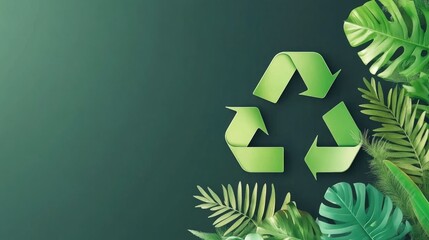 Dark Green Background 3D Recycling Symbol, Tropical Foliage Accents with Monstera & Palm Leaves, Circular Economy Visualization, Sustainable Surface Design, Biophilic Industrial Symbiosis Art