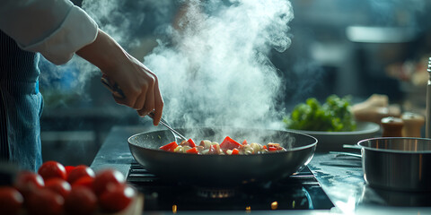 Cooking fresh vegetables with steam, Healthy meal preparation in kitchen, Chef sautéing colorful vegetables