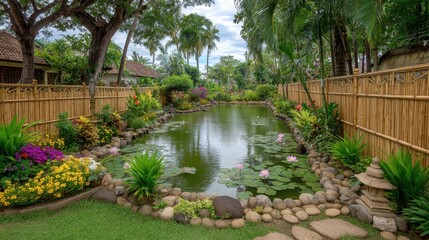 Tranquil Tropical Garden Pond with Colorful Flowers and Bamboo Fences