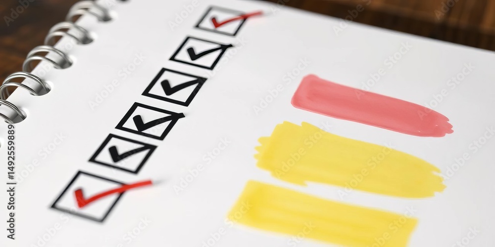 Poster organized checklist icons on a notepad, representing planning and task management, project, design
