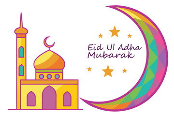 Eid Ul Adha Mubarak is celebrated with a beautiful mosque, colorful moon, and shining stars