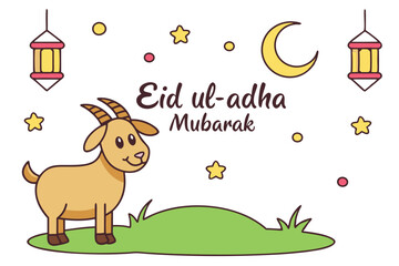 Festive Eid ulAdha Mubarak displays a cartoon goat beneath a crescent moon