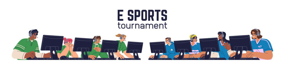 Cyber e-sport tournament. Cybersport, video game players, gamer teams in headsets at computers, playing at professional digital esport championship, multiplayer contest. Flat vector illustration