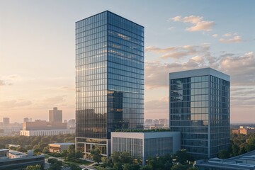 Obraz premium Tall Office Building Next to Smaller Structure Highlighting Business Competitiveness and Cost Advantages in an Urban Landscape