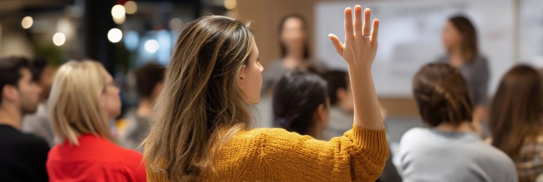 Woman raising hand in a meeting