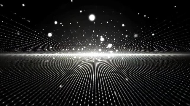 abstract glowing particles suspended over linear light pattern on black background for digital art