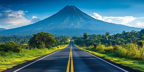 Volcano road through lush greenery
