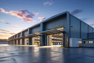 Fototapeta premium Sleek Logistic Center Exterior with Modern Aesthetics and Large Openings