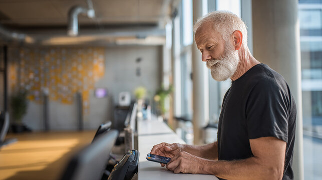 Old male paying with a smart phone wireless method