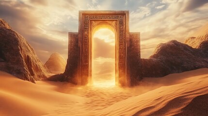 Desert archway gateway majestic scene with golden light