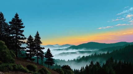 Obraz premium Rolling hills and evergreen trees under a gradient sky landscape view