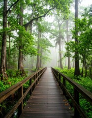 Obraz premium Serene wooden bridge through misty lush green forest landscape
