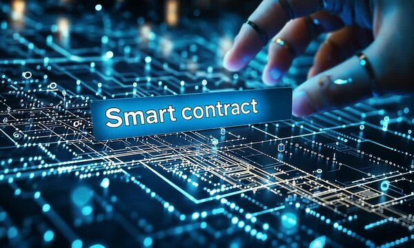 Finger pressing digital button labeled smart contract on futuristic interface with blue circuit lines. Concept of blockchain technology