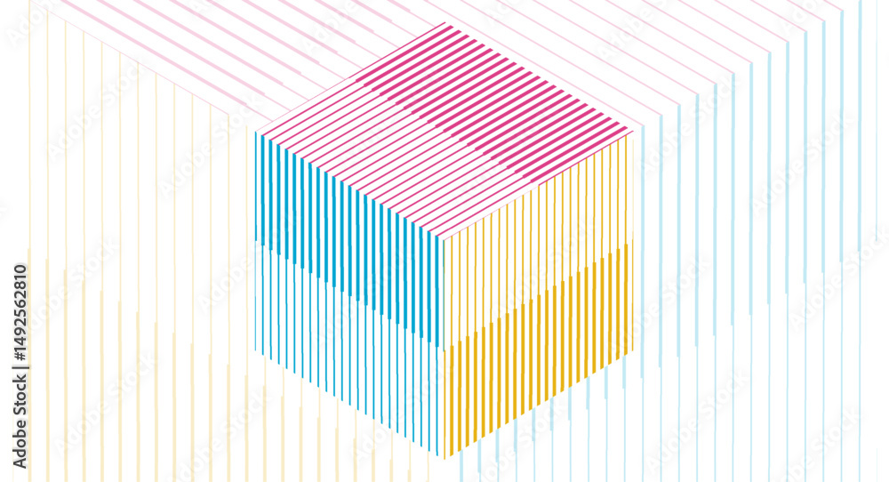 Poster Colorful abstract 3d cube with minimal lines, geometric tech background. Vector concept linear design