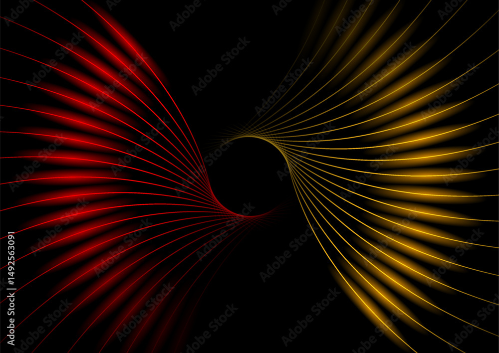 Poster Bright orange and red minimal wavy lines abstract futuristic tech background. Vector digital art glowing rays design