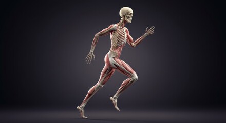 Obraz premium Anatomical human skeleton running in a dynamic pose against dark background 