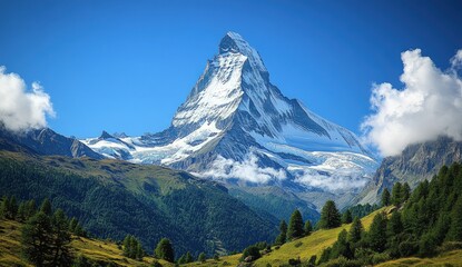 Fototapeta premium Majestic mountain peak, snow-capped, surrounded by lush valleys and clouds
