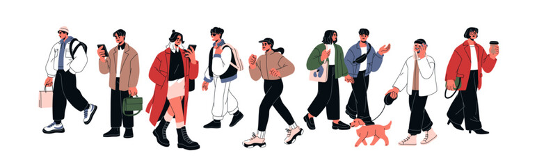 People walking on street. Urban characters with coffee, phone, dog, everyday activities, jogging, going on different businesses. Outdoor life. Flat vector illustration isolated on white background