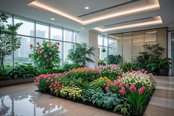 A Small Indoor Garden of Blooming Flowers and Plants in an Office Lobby in Shenzhen, China