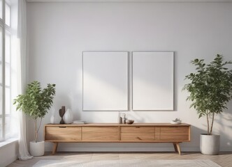 Modern minimalist home interior; white wall, poster mockup, clips, clean design,  simple,  interior design,  illustration