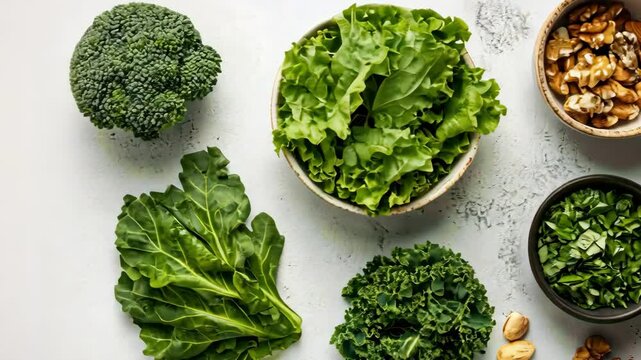 Overhead flatlay of fresh vegetables and nuts arranged on a light gray surface for healthy eating.