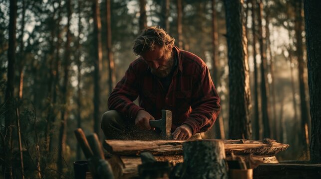 Traditional Lumberjack Sharpening Axe in Forest