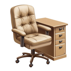 Naklejka premium Comfortable office chair with ergonomic design beside wooden desk, ideal for modern workplaces and home offices, enhances productivity and style