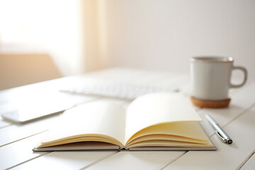 Naklejka premium Open Notebook Coffee Pen Workspace