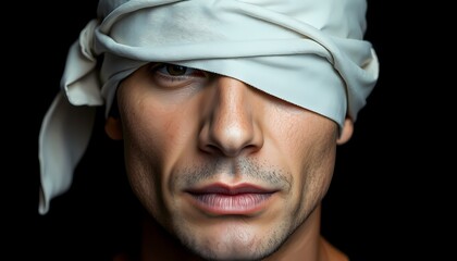 A close-up portrait of a man with a blindfold made of fabric covering his eyes. The man's face is partially obscured by a black background, and his expression is calm yet mysterious. The skin tone is 