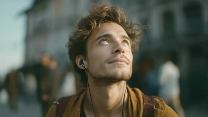 A young man enjoys music with earbuds while observing the bustling city around him. The setting is modern, highlighting advanced technology and the integration of sound into daily life.