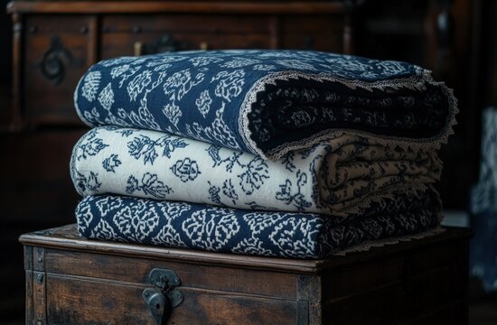 Stacked patterned blankets on wooden chest (1)