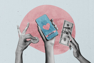 Exclusive artwork banner creative collage of hands hold dollar coin income banknotes phone donation...