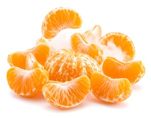 Peeled Mandarin Orange Segments Arranged On White Background In Close Up View