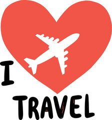 Obraz premium Flat illustration of a red heart with a white plane icon flying across it, and bold text reading 