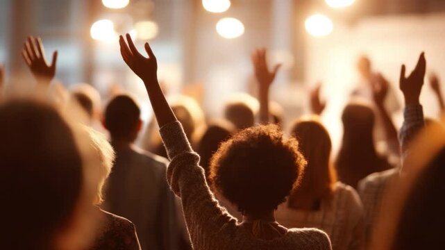 Raising Hands: A crowd of people, faces unseen, raise their hands high in a display of unity and reverence. A close-up captures the dynamic energy of collective engagement.
