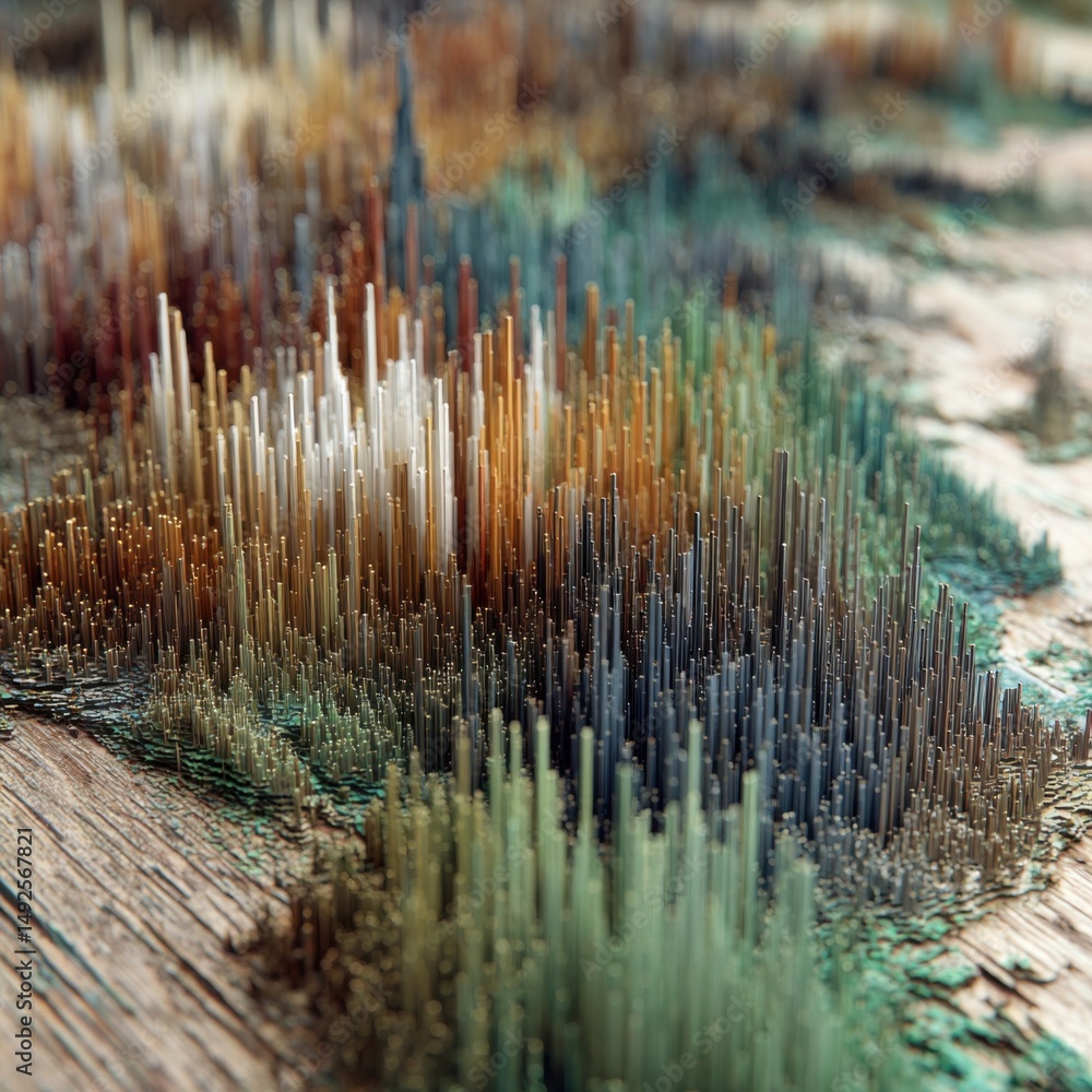 Poster abstract landscape of colorful extruded rods creating a topographic map effect aerial view artful re