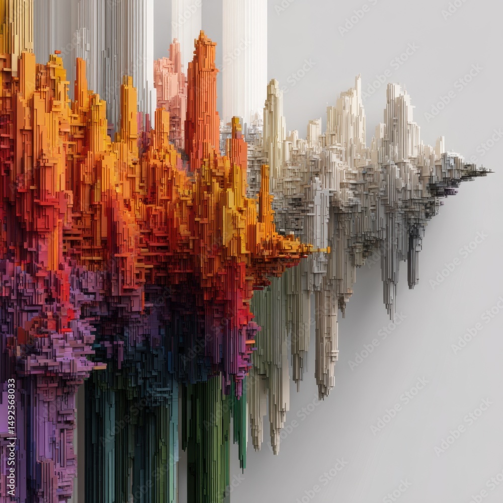Poster abstract 3d render of colorful pixelated columns fading to white on gray background studio shot grap